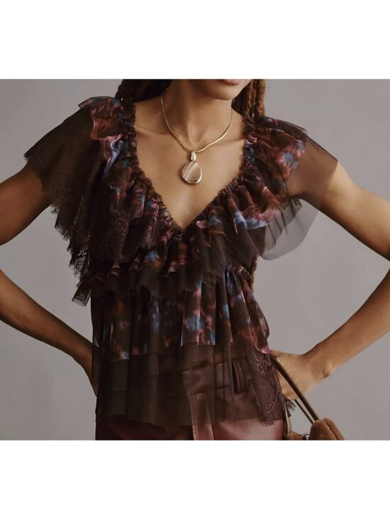 By Anthropologie Tops - BY ANTHROPOLOGIE Womens Purple Abstract Tulle Ruffle Tie Back Top NWT Small